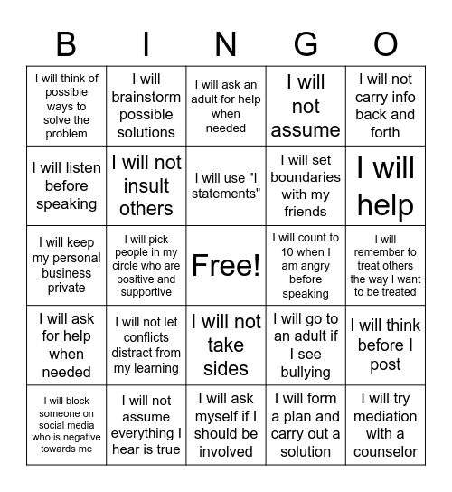 Conflict Resolution Bingo Card