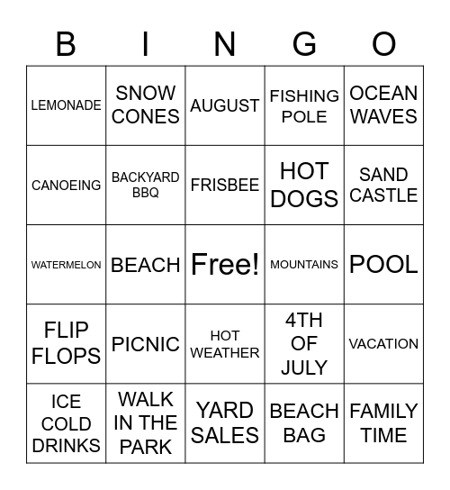 Summer 2 Bingo Card