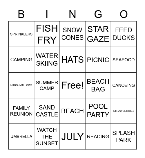 Summer A Bingo Card