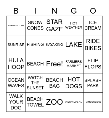 Summer B Bingo Card