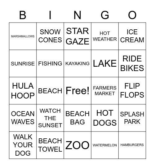 Summer B Bingo Card