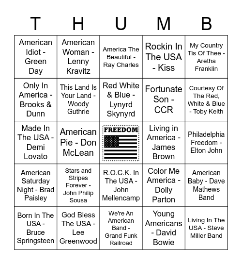 American Songs Bingo Card