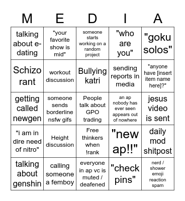 YBA Media bingo Card