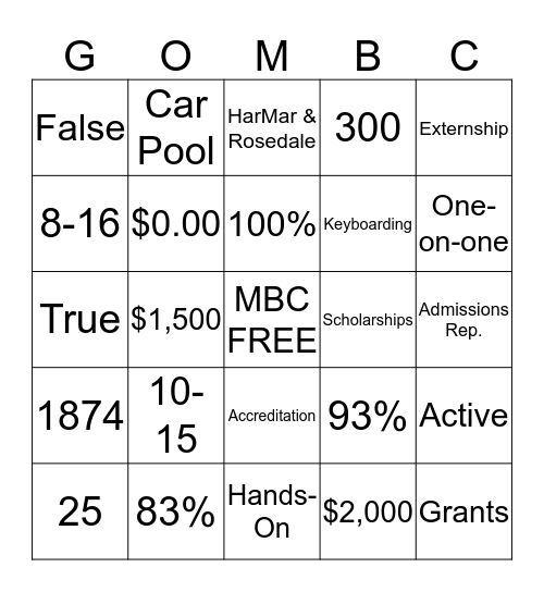 FALL SCHOLARSHIP DAY 2015 Bingo Card