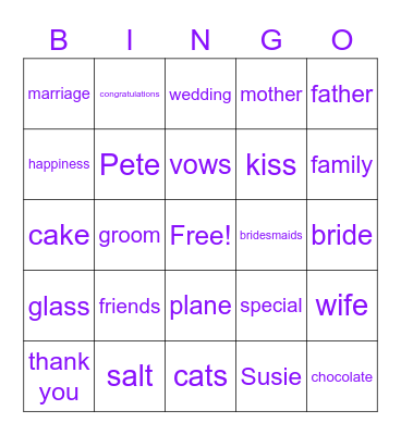 Wedding Speech Bingo Card