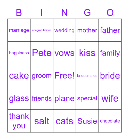 Wedding Speech Bingo Card