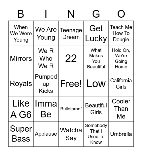 Modern Music Bingo 1 Bingo Card