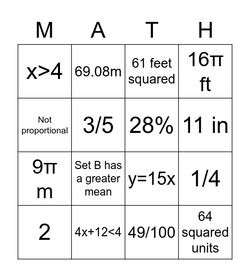 Math Review Bingo Card