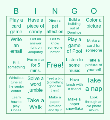 Senior Activity Bingo Card