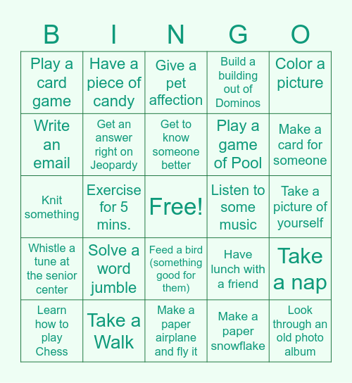 Senior Activity Bingo Card