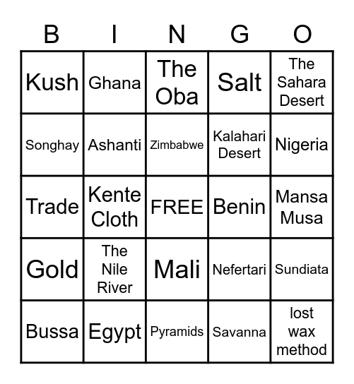 Ancient Africa Bingo Card