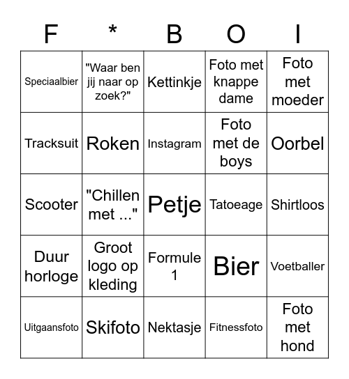 Fuccboi Bingo List Bingo Card