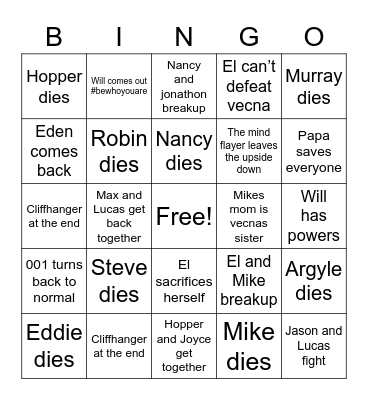 Stranger things predictions Bingo Card