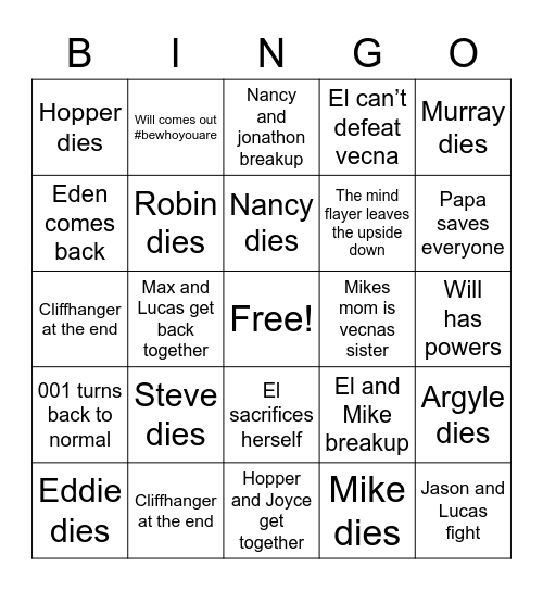 Stranger things predictions Bingo Card