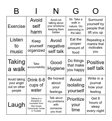 Taking Care Of Yourself Bingo Card