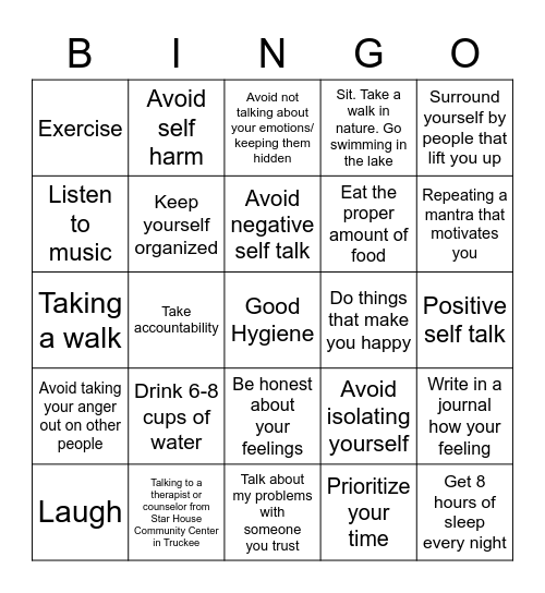Taking Care Of Yourself Bingo Card