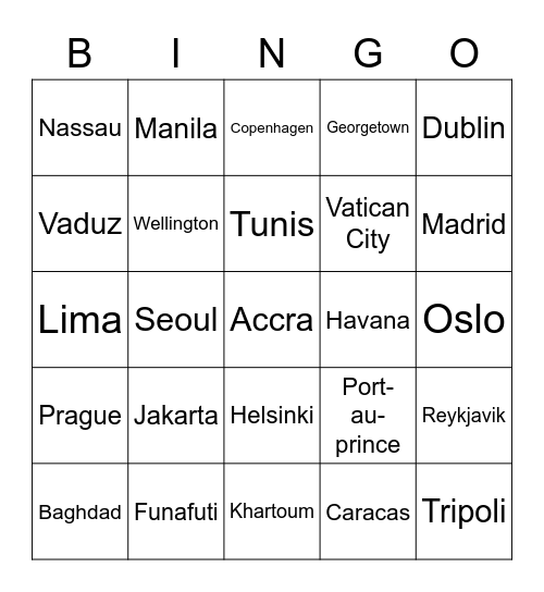 World Capitals Bingo Card