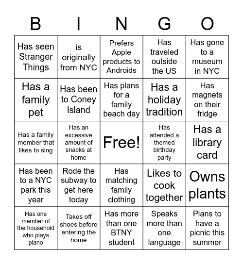 Find a Family Who... Bingo Card