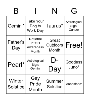 Month of JUNE Bingo Card