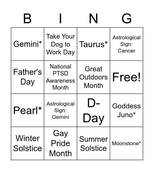 Month of JUNE Bingo Card