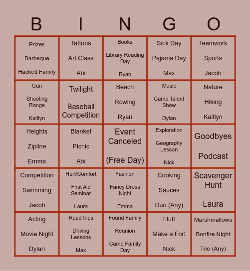 Hackett's Quarry Book Club Summer Activity Bingo Card