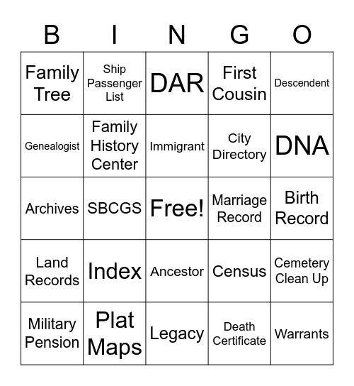 Genealogy BINGO Card