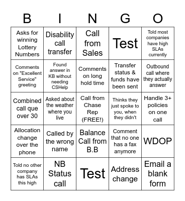Call Center BINGO Card