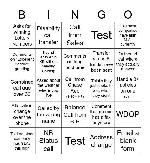 Call Center BINGO Card