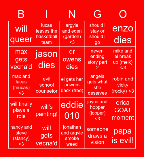 stranger things v2 Bingo Card