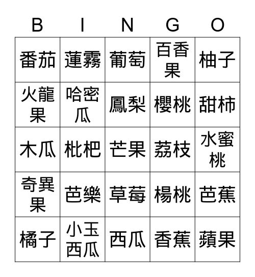 水果 Bingo Card