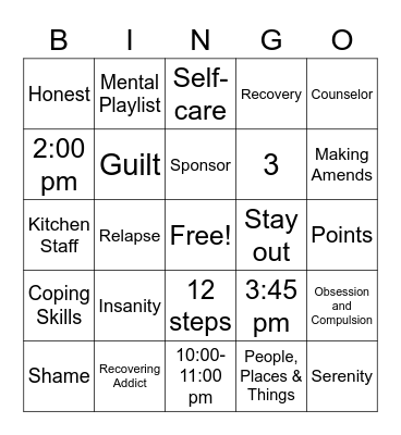 Recovery Bingo Card