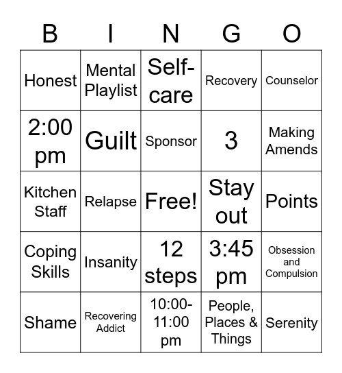 Recovery Bingo Card