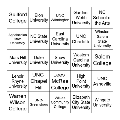NC College Virtual Scavenger Hunt Schools Bingo Card