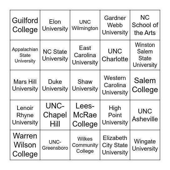 NC College Virtual Scavenger Hunt Schools Bingo Card