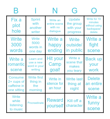 Camp NaNoWriMo July 2022 Bingo Card