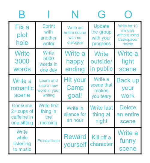 Camp NaNoWriMo July 2022 Bingo Card