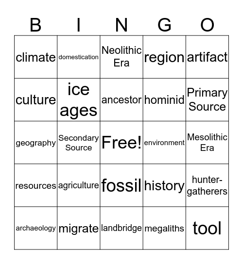 Early Humans and Societies Bingo Card