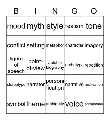 Literary Vocabulary Bingo Card