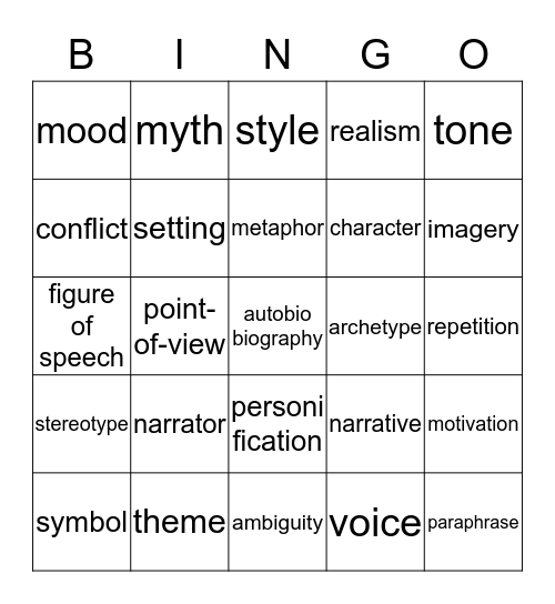 Literary Vocabulary Bingo Card