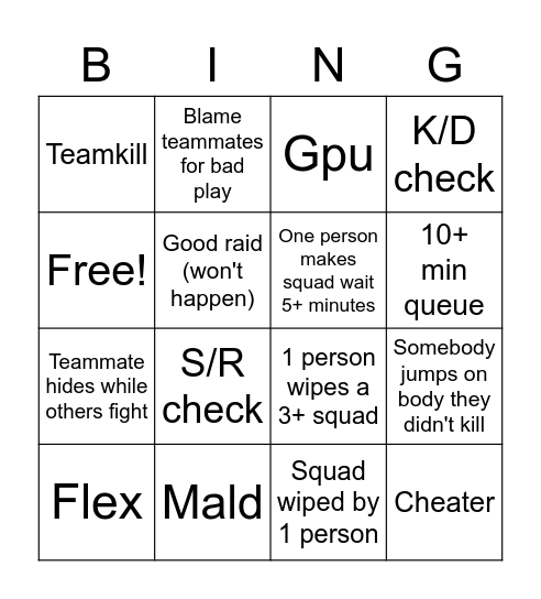 Tarkov Bingo Card