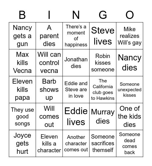 Stranger Thingo Bingo Card