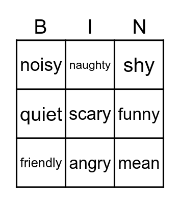 Adjectives Bingo Card