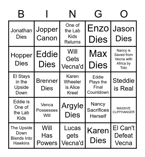 Stranger Things Vol. 2 Bingo Card