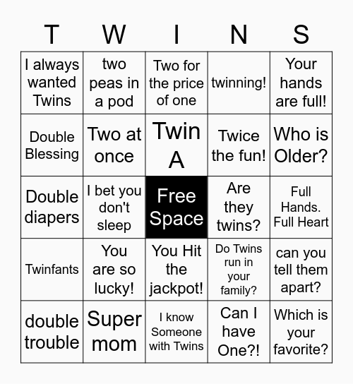 Preparing mom for Twin Comments Bingo Card
