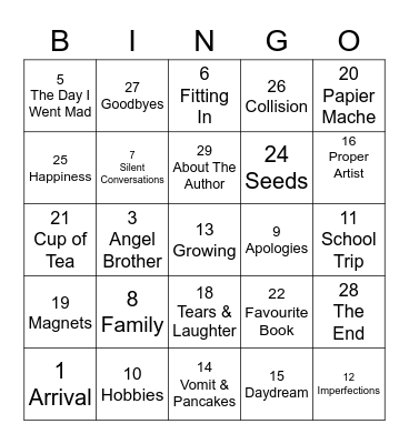 My Brother's Shadow Bingo Card