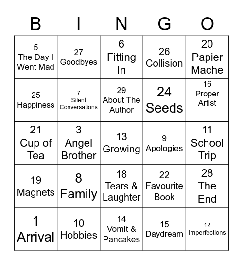 My Brother's Shadow Bingo Card