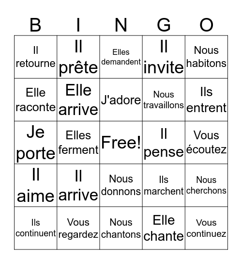 -ER verbs - Present Bingo Card