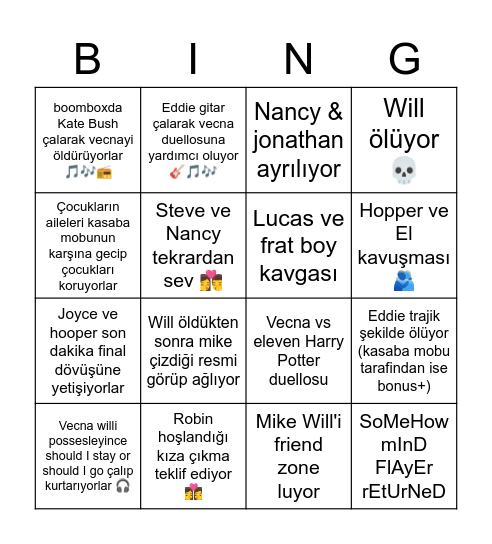 Stranjör S4 final tahminleri Bingo Card