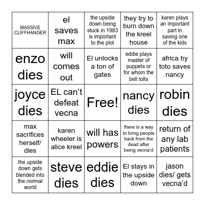 STRANGER THINGS S4 Bingo Card