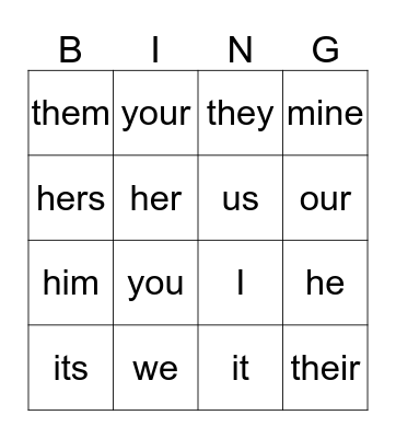 Pronoun Bingo Card
